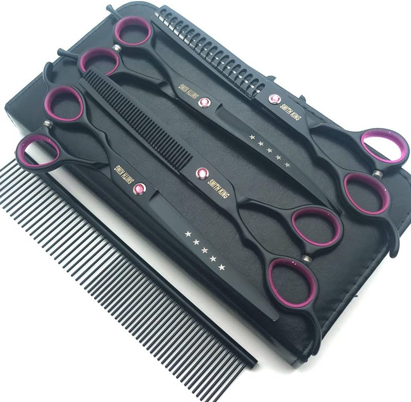 Smithking 7.0 inches Professional Dog Grooming Scissors Set Straight & thinning & Curved & chunkers & comb 5pcs in 1 Set for left-handed & right handed Black - Image 1